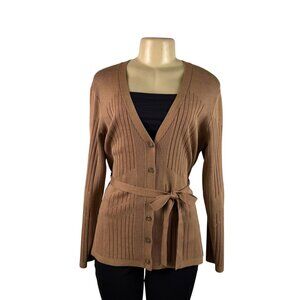 Pendleton Womens Tan Cardigan Sweater With Belt Ribbed Long Sleeve Sz L